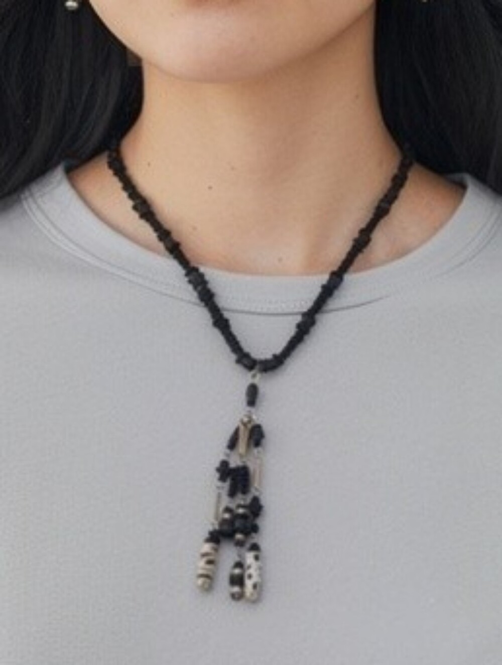 Boho Black and White Seed Beaded Lariat Necklace
